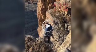 Забавная реакция девушки на падение в пропасть ее парня