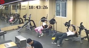 A guy almost strangled himself with a barbell.