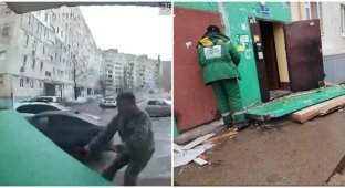 Бетонная перегородка подъезда едва не придавила грузчика в Уфе (3 фото + 1 видео)