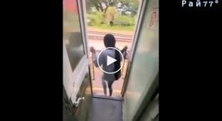 A girl, posing in the doorway of a departing train, got hit in the head with a pole