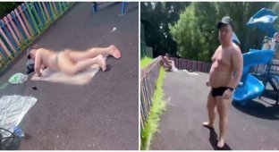 In Russia, two half-naked men were sunbathing on a playground in their underpants, and then attacked a woman with a child (2 photos + 1 video)