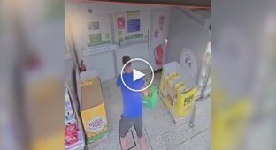 A thief entered into a fight with an emergency exit and lost