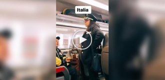 A Russian-speaking hare explains to an Italian ticket inspector the lack of a train ticket (15