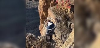 A girl's funny reaction to her boyfriend falling into an abyss