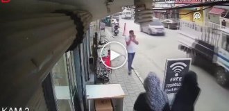 In Turkey, a pedestrian miraculously escaped by jumping away from a speeding car.