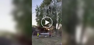 A firefighter used a hose to get a cat out of a tree
