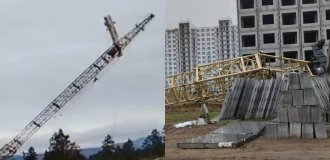 In Russia, a driver died when a crane fell at the construction site of a high-rise building (3 photos + 2 videos)