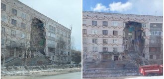 Part of an apartment building collapsed in Russia (2 photos + 1 video)