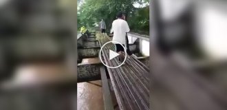 A bad man threw his dog off a bridge into a river