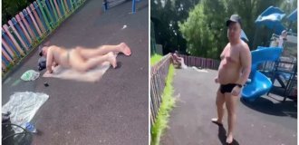 In Russia, two half-naked men were sunbathing on a playground in their underpants, and then attacked a woman with a child (2 photos + 1 video)