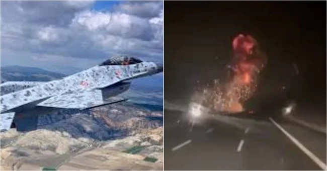 В Турции военный истребитель F-16 рухнул на оживлённую автотрассу (1 фото + 2 видео)