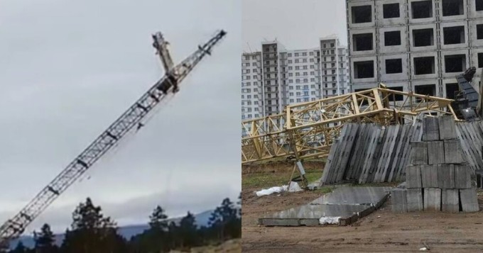 In Russia, a driver died when a crane fell at the construction site of a high-rise building (3 photos + 2 videos)