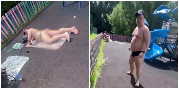 In Russia, two half-naked men were sunbathing on a playground in their underpants, and then attacked a woman with a child (2 photos + 1 video)